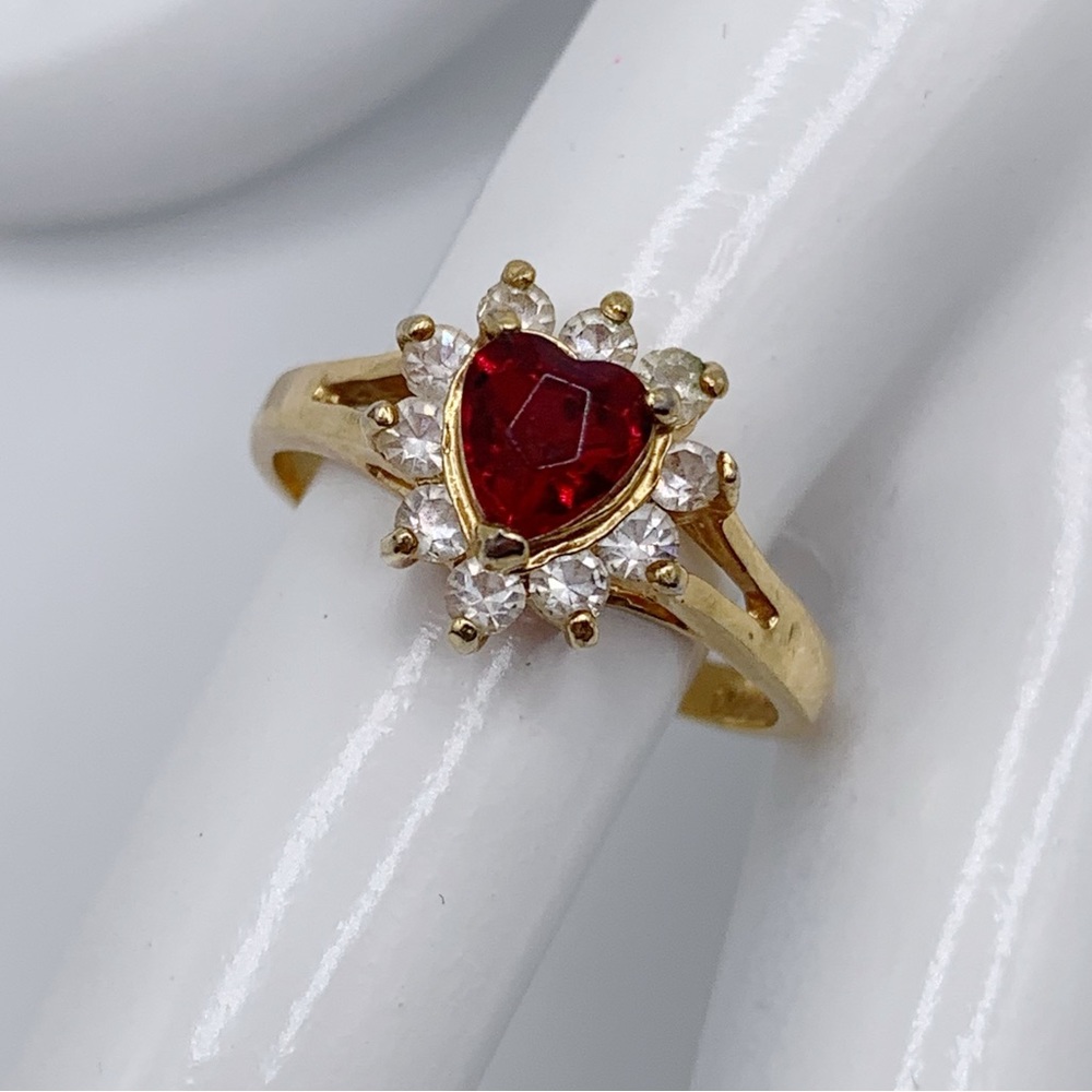 Vintage Heart Shaped Red Stone CZ Accent Gold Electro Plated Ring Stamped Taiwan